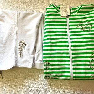 NWT Quacker Factory Womens Outfit Zip Hoodie White Capris Seahorse Shells SZ L